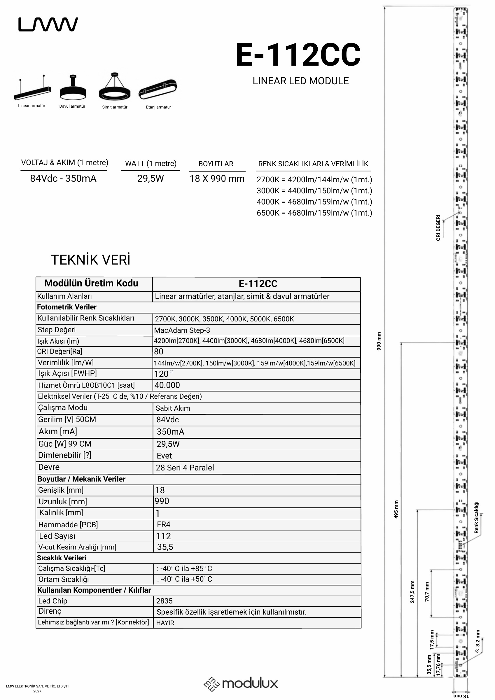 e-112CC katalog sayfası: ürün çizimi, ölçüler ve teknik veri tablosu