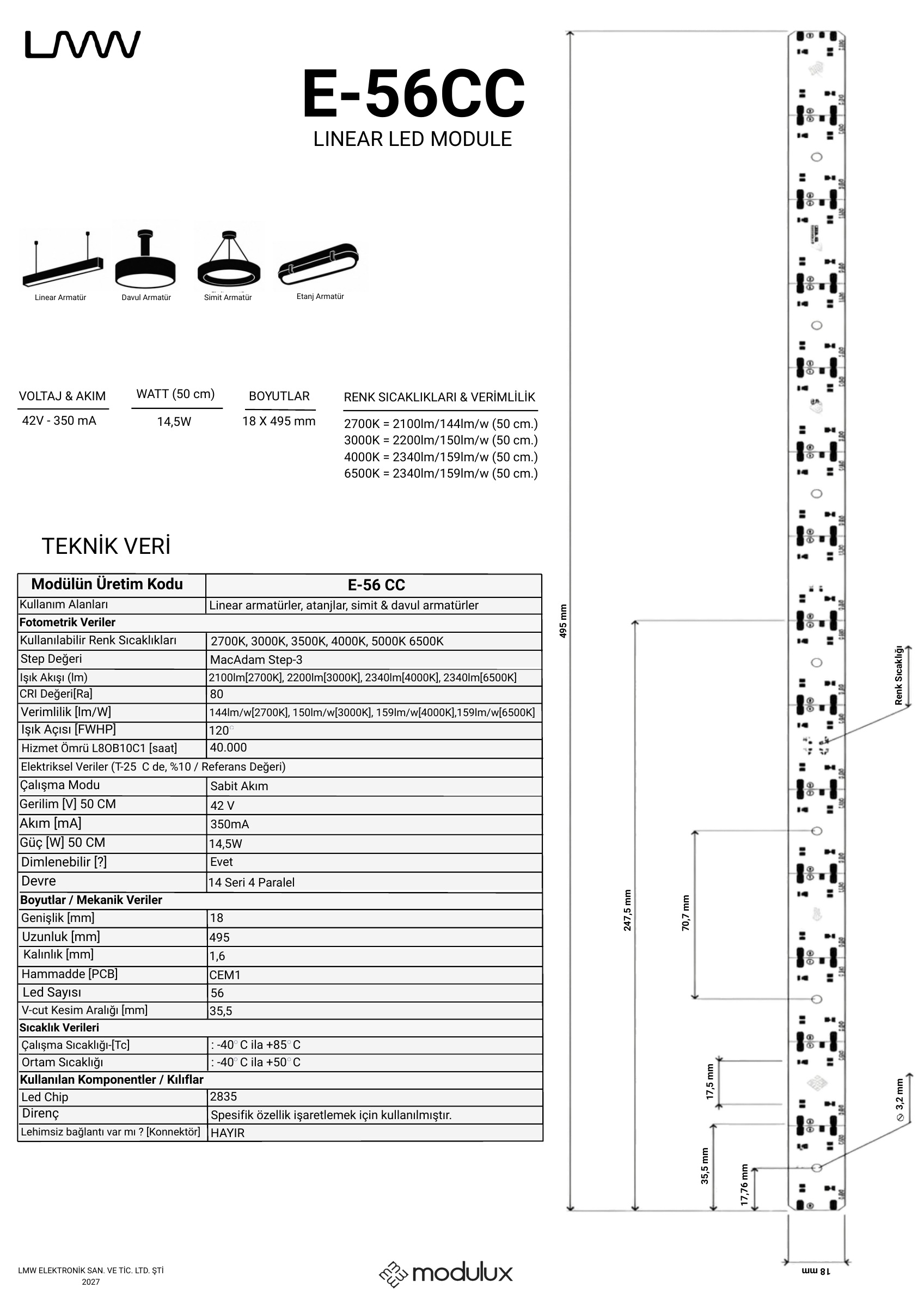 e-56CC katalog sayfası: ürün çizimi, ölçüler ve teknik veri tablosu