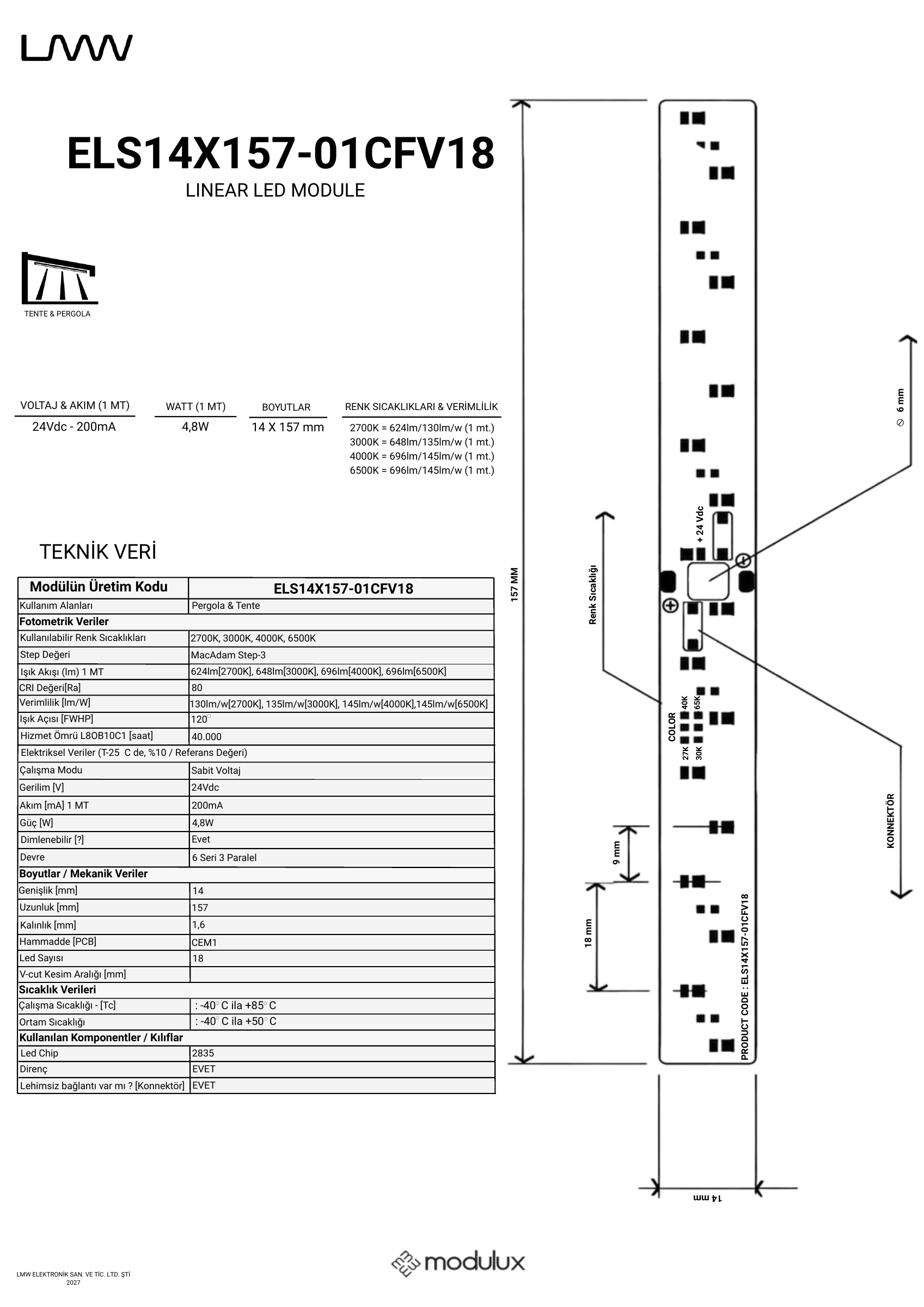 ELS14X157-01CFV18 katalog sayfası: ürün çizimi, ölçüler ve teknik veri tablosu
