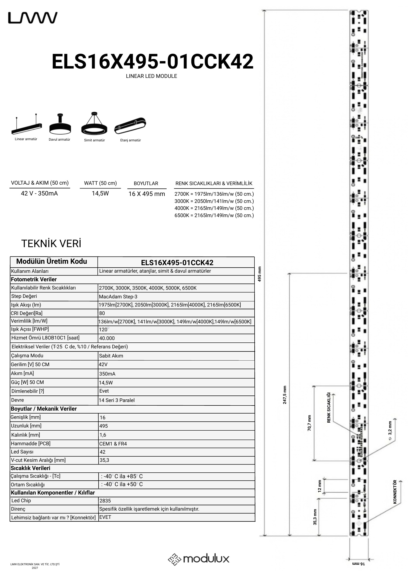 ELS16X495-01CCK42 katalog sayfası: ürün çizimi, ölçüler ve teknik veri tablosu