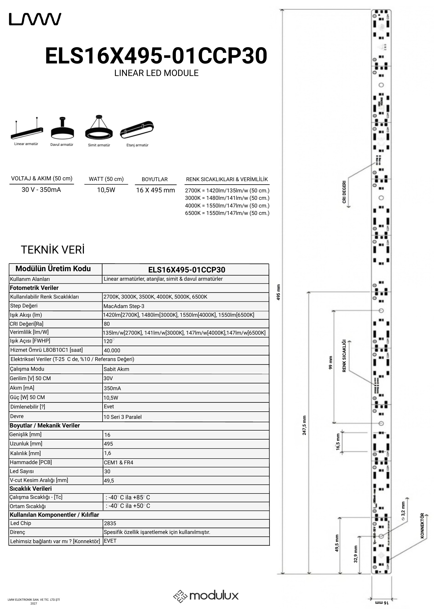 ELS16X495-01CCP30 katalog sayfası: ürün çizimi, ölçüler ve teknik veri tablosu
