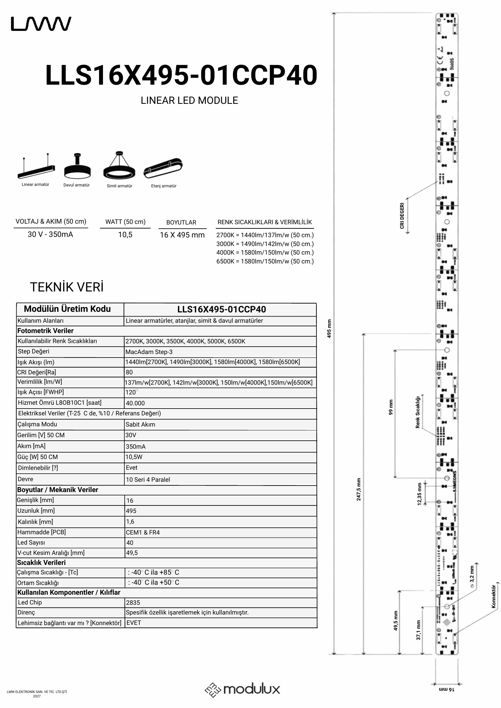 LLS16X495-01CCP40 katalog sayfası: ürün çizimi, ölçüler ve teknik veri tablosu